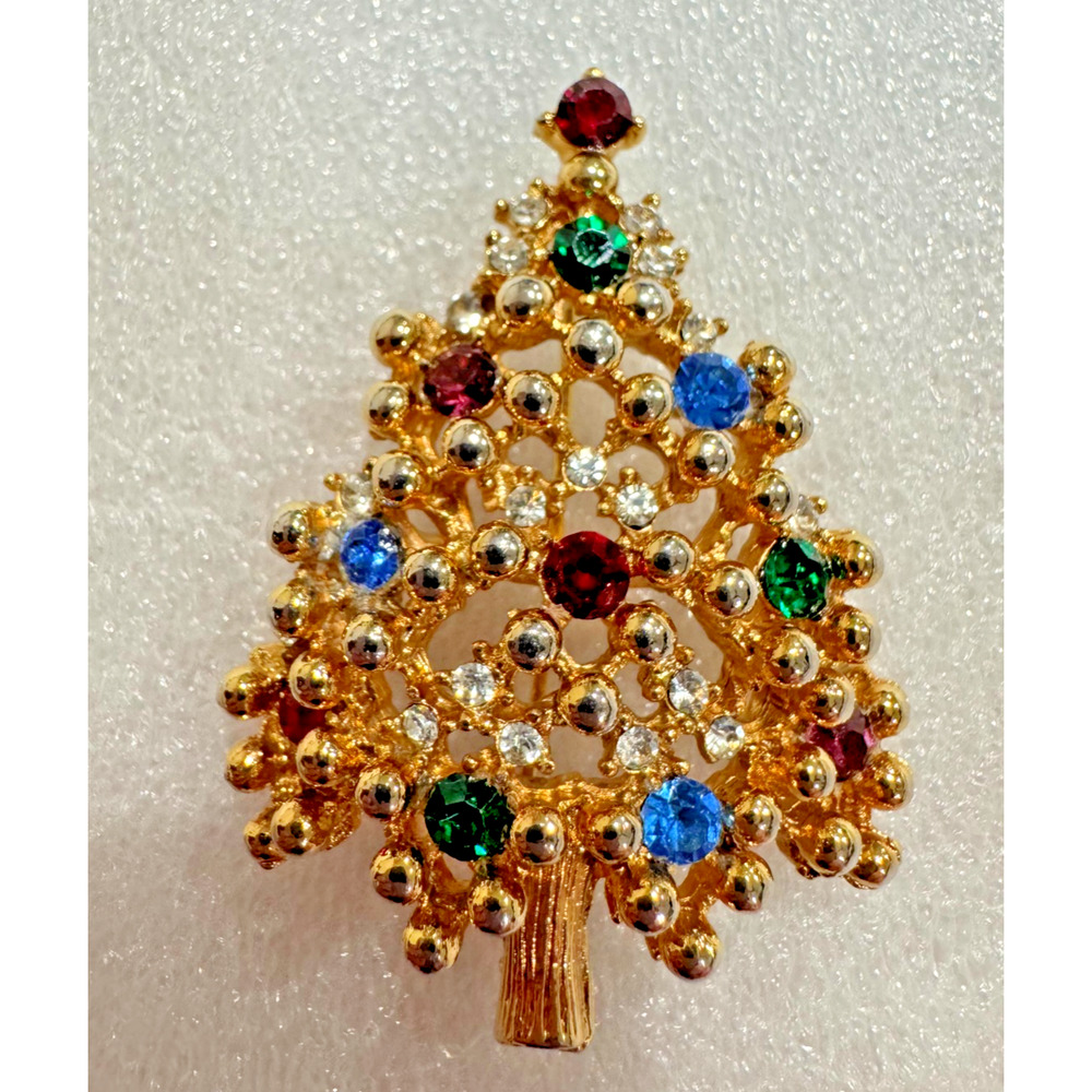 Vintage Eisenberg Christmas Tree Brooch Gold Tone Multicolor Textured MCM Signed